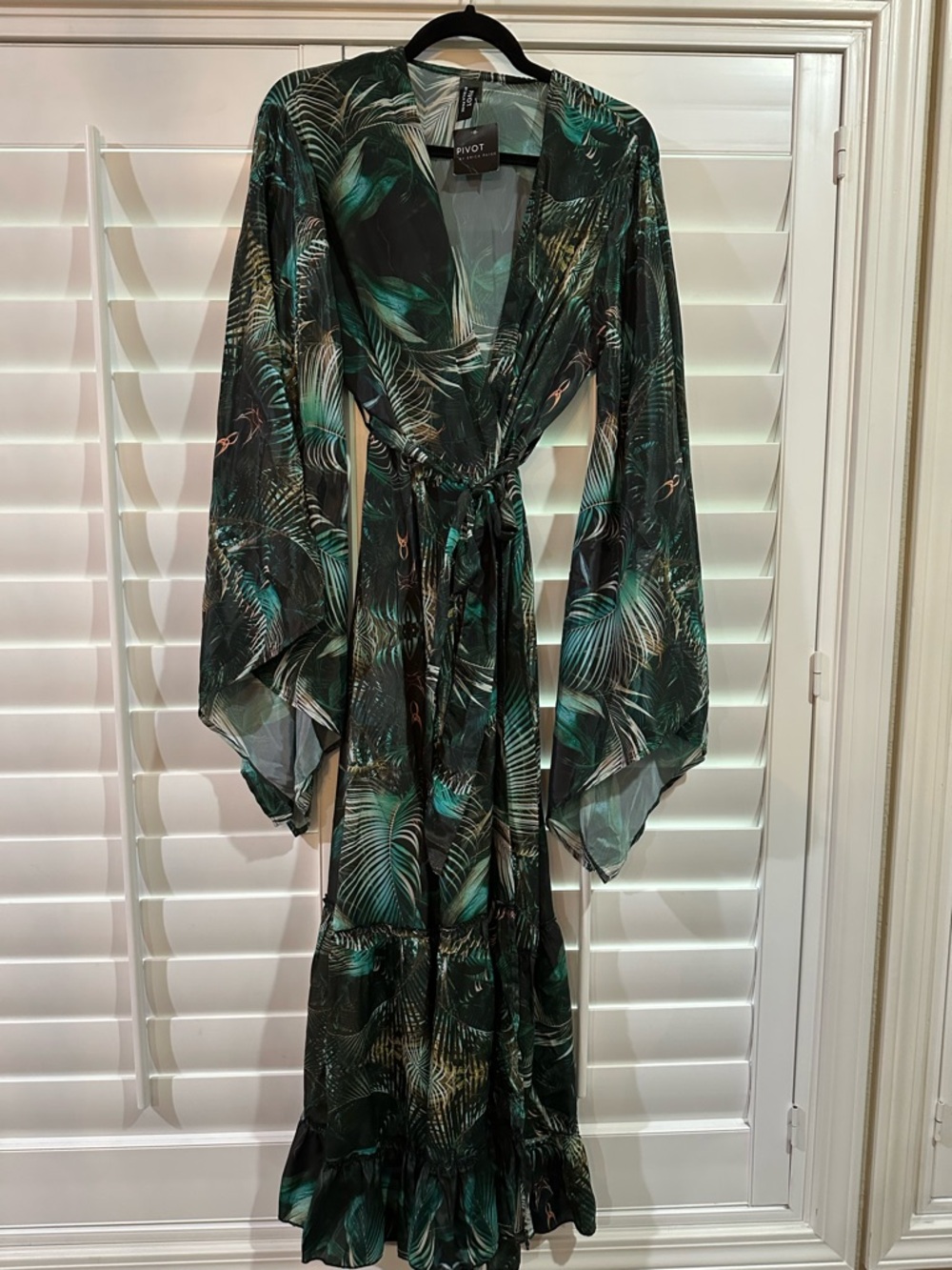 Flowing Tropical Print Kimono Duster - Emerald Green - Picture 3 of 4
